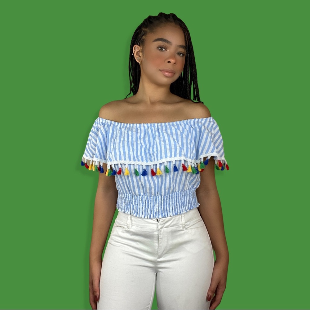 Striped Off The Shoulder Fringe Top